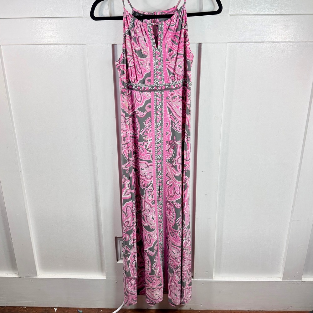 INC International Concepts Pink Paisley Halter Maxi Dress Petite Medium PM Grey